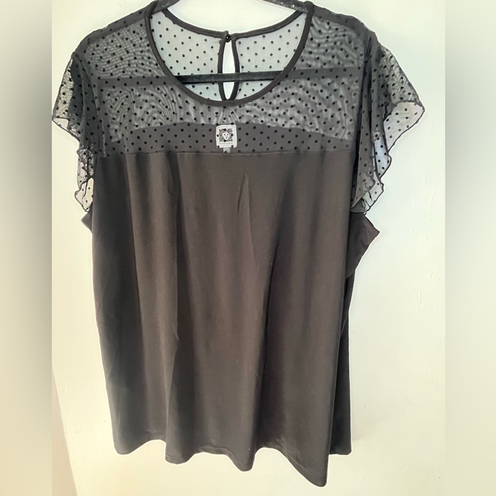 Whimsigoth Sheer Polka Dot Flutter Sleeve Anne Klein Black Blouse Size 2X